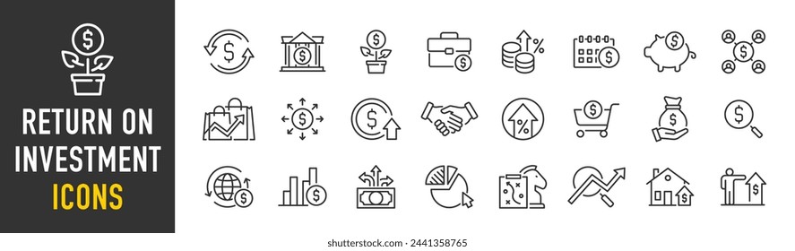 Return on investment web icons in line style. Capital, sales, dividend, roi, profit, collection. Vector illustration.