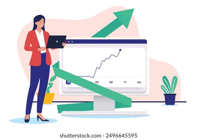 Return on investment - Woman investor person standing with computer watching stock market graph rising and going up. Successful investment concept in flat design vector graphic on white background