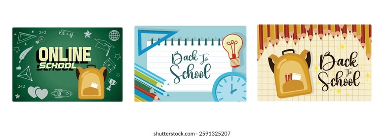 Return to online school. School supplies on a blue background. Colored pencils, ruler, and notebook. Back To School concept. Set flat vector illustration.