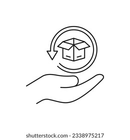 Return package. Box in circular arrow line icon isolated on white background. Vector illustration