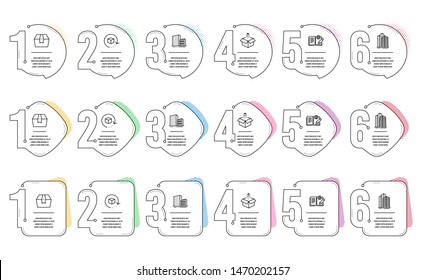 Return package, Engineering documentation and Package box line icons set. Infographic timeline. Skyscraper buildings, Buildings and Send box signs. Exchange goods, Manual, Delivery goods. Vector