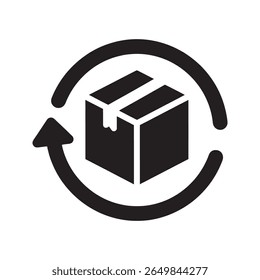 Ícone do pacote de devolução com uma caixa e uma seta circular representando a logística reversa da troca de produtos e uma garantia de devolução de dinheiro para um ícone de glifo sólido do vetor de ordem