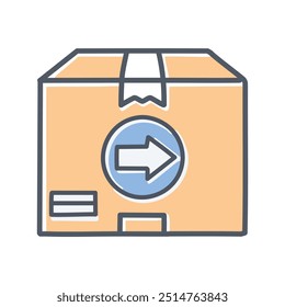 Ícone Retornar pacote. Ilustração em desenho animado de uma caixa de papelão com uma seta para a esquerda, simbolizando um retorno ou reembolso.