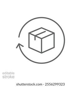 Return package icon. Simple outline style. Delivery parcel, box, package, return, exchange, arrow, deliver, product, shipping concept. Thin line symbol. Vector illustration isolated. Editable stroke.