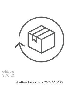 Return package icon. Simple outline style. Delivery parcel, box, package, return, exchange, arrow, deliver, product, shipping concept. Thin line symbol. Vector illustration isolated. Editable stroke.