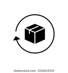 Return package icon. Simple solid style. Delivery parcel, box, package, return, exchange, arrow, deliver, product, shipping concept. Black silhouette, glyph symbol. Vector illustration isolated.