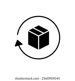 Return package icon. Simple solid style. Delivery parcel, box, package, return, exchange, arrow, deliver, product, shipping concept. Black silhouette, glyph symbol. Vector illustration isolated.