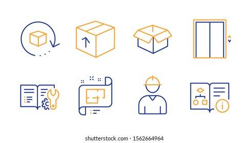 Return package, Lift and Engineer line icons set. Architectural plan, Package and Engineering documentation signs. Opened box, Technical algorithm symbols. Exchange goods, Elevator. Vector