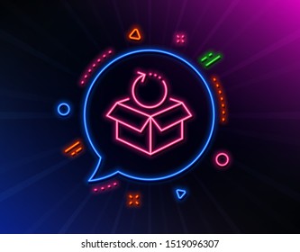 Return package line icon. Neon laser lights. Delivery parcel sign. Cargo goods box symbol. Glow laser speech bubble. Neon lights chat bubble. Banner badge with return package icon. Vector