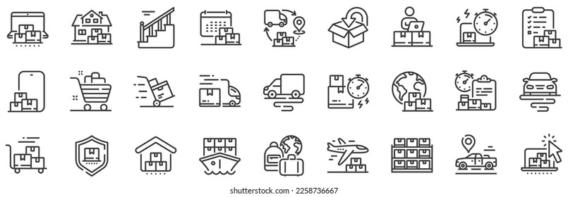 Return package, logistic service and delivery date set. Delivery line icons. Freight distribution, global export and courier truck line icons. Logistic transport, ship delivery. Vector