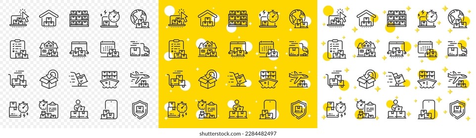 Paquete de devolución, servicio logístico y fecha de entrega establecida. Iconos de línea de entrega. Distribución de mercancías, exportación global e iconos de línea de camiones de mensajería. Transporte logístico, entrega de buques. Vector