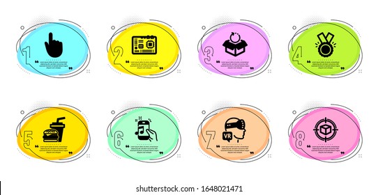 Return package, Motherboard and Augmented reality signs. Timeline infographic. Honor, Parcel tracking and Hamburger line icons set. Hand click, Music phone symbols. Medal, Box in target. Vector