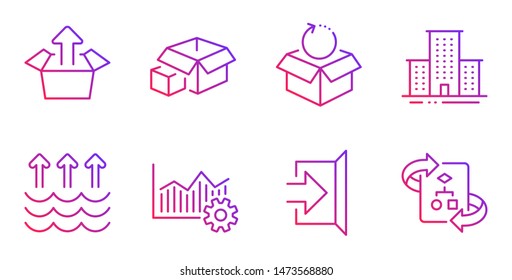 Return package, Packing boxes and Evaporation line icons set. Operational excellence, Exit and University campus signs. Send box, Technical algorithm symbols. Gradient return package icon. Vector