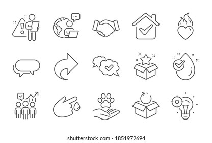 Return package, Seo idea and Heart flame line icons set. Loyalty program, Business statistics and Water drop signs. Share, Messenger and Blood donation symbols. Line icons set. Vector