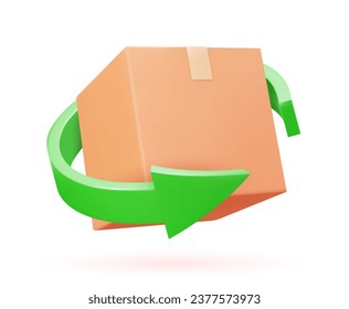 Return parcel 3D icon. Vector illustration of box with arrow isolated objects on white background. Concept of online shopping and ordering goods.