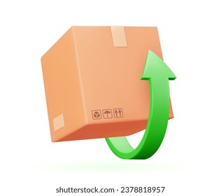 Return parcel 3D icon. Vector illustration of box with arrow isolated objects on white background. Concept of online shopping and ordering goods.