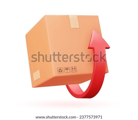 Return parcel 3D icon. Vector illustration of box with arrow isolated objects on white background. Concept of online shopping and ordering goods.