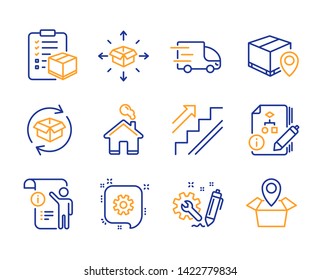 Return parcel, Algorithm and Stairs icons simple set. Manual doc, Parcel delivery and Truck delivery signs. Home, Cogwheel and Engineering symbols. Package location. Line return parcel icon. Vector