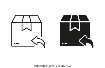 Return Parcel Box Silhouette and Line Icon Set. Exchange Package of Delivery Service Pictogram. Arrow Back Shipping Return Goods. Refund Product in Box. Editable Stroke. Isolated Vector Illustration.