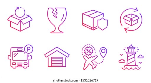 Return parcel, Bus parking and Delivery insurance line icons set. Parking garage, Fragile package and Flight sale signs. Return package, Lighthouse symbols. Exchange of goods, Public park. Vector