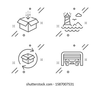 Return parcel, Lighthouse and Get box line icons set. Parking garage sign. Exchange of goods, Navigation beacon, Send package. Automatic door. Transportation set. Vector