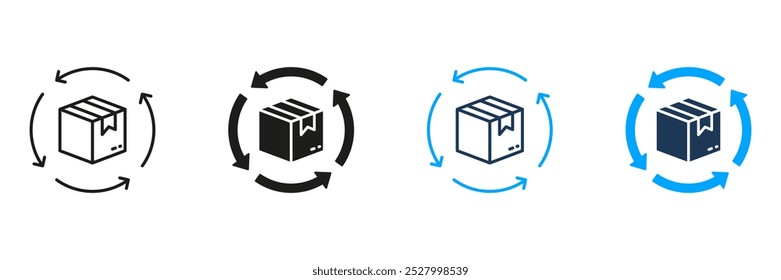 Return Parcel Line and Silhouette Icon Set. Delivery Box with Circle Arrows Icon. Shipping Order Package Symbol. Refund Cardboard Packaging Sign. Editable Stroke. Isolated Vector Illustration.