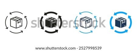 Return Parcel Line and Silhouette Icon Set. Delivery Box with Circle Arrows Icon. Shipping Order Package Symbol. Refund Cardboard Packaging Sign. Editable Stroke. Isolated Vector Illustration.
