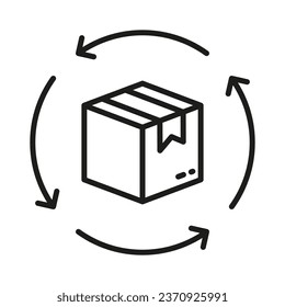 Return Parcel Linear Pictogram. Delivery Box with Circle Arrows Line Icon. Shipping Order Package Outline Symbol. Refund Cardboard Packaging Sign. Editable Stroke. Isolated Vector Illustration.
