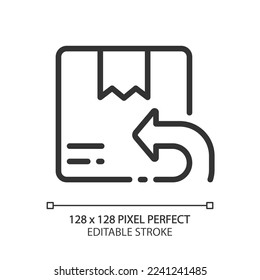 Return parcel pixel perfect linear icon. Send wrong order back to shop. Shipping. Deliver package. Thin line illustration. Contour symbol. Vector outline drawing. Editable stroke. Arial font used