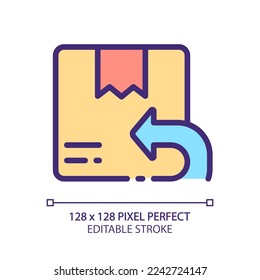 Return parcel pixel perfect RGB color icon. Send wrong order back to shop. Shipping service. Deliver package. Isolated vector illustration. Simple filled line drawing. Editable stroke. Arial font used