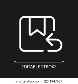 Return parcel pixel perfect white linear ui icon for dark theme. Postage management. Vector line pictogram. Isolated user interface symbol for night mode. Editable stroke. Arial font used
