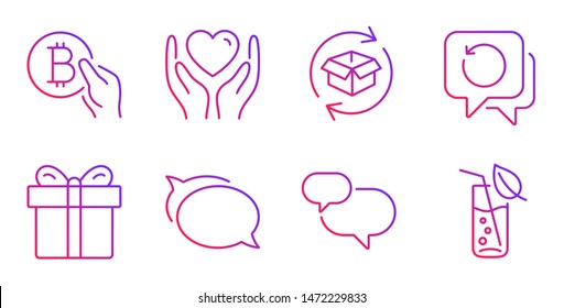 Return parcel, Recovery data and Gift box line icons set. Talk bubble, Chat message and Hold heart signs. Bitcoin pay, Water glass symbols. Exchange of goods, Backup info. Business set. Vector
