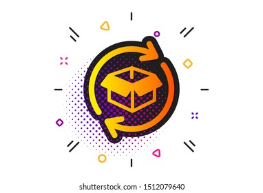 Return parcel sign. Halftone circles pattern. Exchange of goods icon. Package tracking symbol. Classic flat return parcel icon. Vector