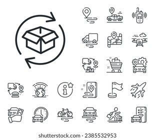 Return parcel sign. Plane, supply chain and place location outline icons. Exchange of goods line icon. Package tracking symbol. Return parcel line sign. Taxi transport, rent a bike icon. Vector