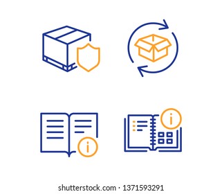 Return parcel, Technical info and Delivery insurance icons simple set. Instruction info sign. Exchange of goods, Documentation, Parcel protection. Project. Industrial set. Linear return parcel icon