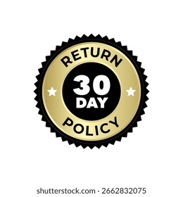 Emblema de política de devolução com texto de 30 dias e ícones de estrela na ilustração de vetor de fundo preto