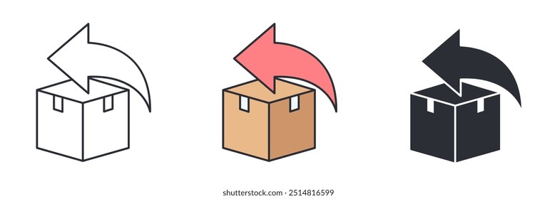 Política de devolución, icono de devolución de paquete. Envío de la Ilustración vectorial del símbolo del icono de la caja atrás aislada en el fondo blanco