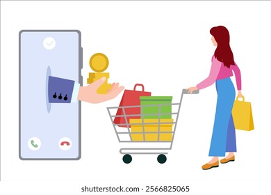 Return products and turn money back. Hand with money, phone, shopping, woman with packages. Vector simple color flat illustration.