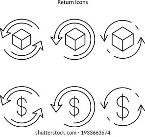 Return purchase icon. Package return, delivery return symbols. Parcel return to sender concept. icons set. 