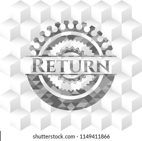 Return realistic grey emblem with cube white background