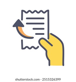 Symbol für den Rücksendebeleg. Hand, die eine Quittung mit einem Pfeil nach oben hält, was eine Rücksendung oder Rückerstattung bedeutet.
