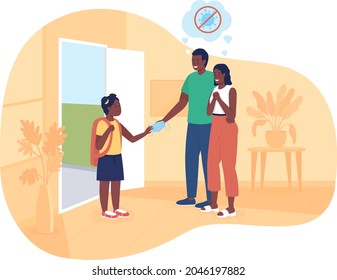 Return to school 2D vector isolated illustration. Mom and dad give child mask. Family sending son to preschool flat characters on cartoon background. Safe education colourful scene