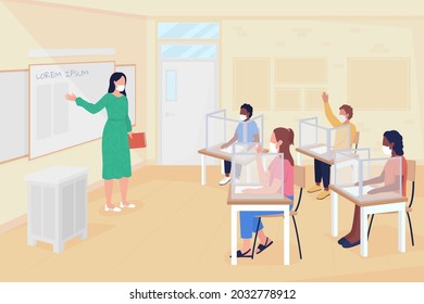 Return To School Lessons After Coronavirus Flat Color Vector Illustration. Infection Prevention Measures. Female Teacher And Pupils 2D Cartoon Characters With Classroom Interior On Background