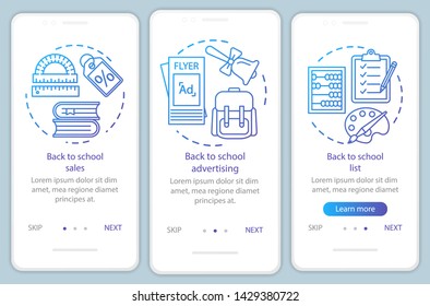 Return to school onboarding mobile app page screen vector template. Back to study walkthrough website steps with linear illustrations. UX, UI, GUI smartphone interface concept. Education advertising