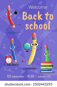 return to school vector banner. Background design with funny pencil characters and elements of educational accessories. Design for poster, wallpaper, website and cover template. Vector illustration