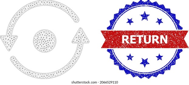 Return scratched seal, and rotation icon triangular structure. Red and blue bicolor seal contains Return title inside ribbon and rosette. Abstract flat mesh rotation, designed with flat mesh.