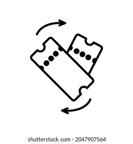 Tickets schwarze Linie Symbol auf weißem Hintergrund zurückgeben. Trendy flache, isolierte Umrisssymbol, Zeichen können verwendet werden für: Illustration, Logo, mobil, App, Design, Web, dev, ui, ux, gui. Vektor EPS10