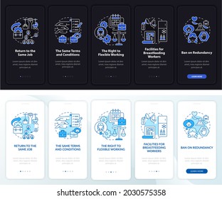 Return to work rights dark, light onboarding mobileapp page screen. Walkthrough 5 steps graphic instructions with concepts. UI, UX, GUI vector template with linear night and day mode illustrations