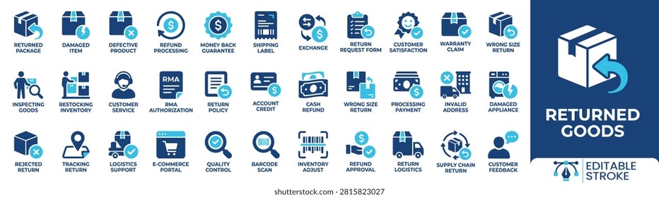 Returned goods icon set. Containing refund processing, return policy, warranty claim, cash refund, customer service and more. Solid vector icons collection