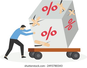 Returned interest, financial and mortgage rates. Businessman walking with bandage repaired cube block with percentage shape. Modern vector illustration in flat style.


